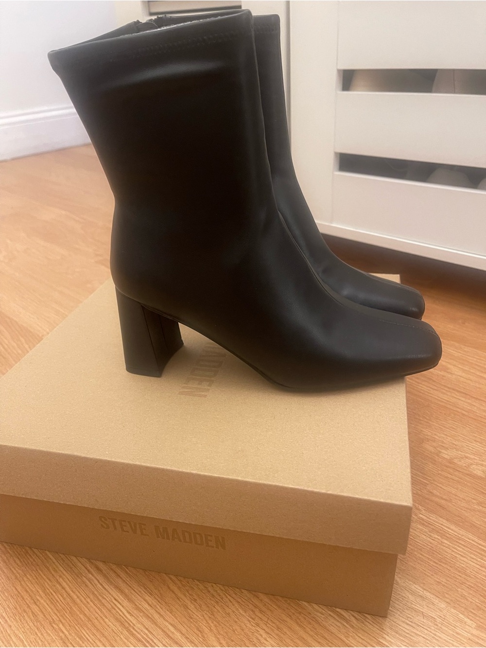 Steve Madden Black Square-Toe Block Heel Ankle Boots